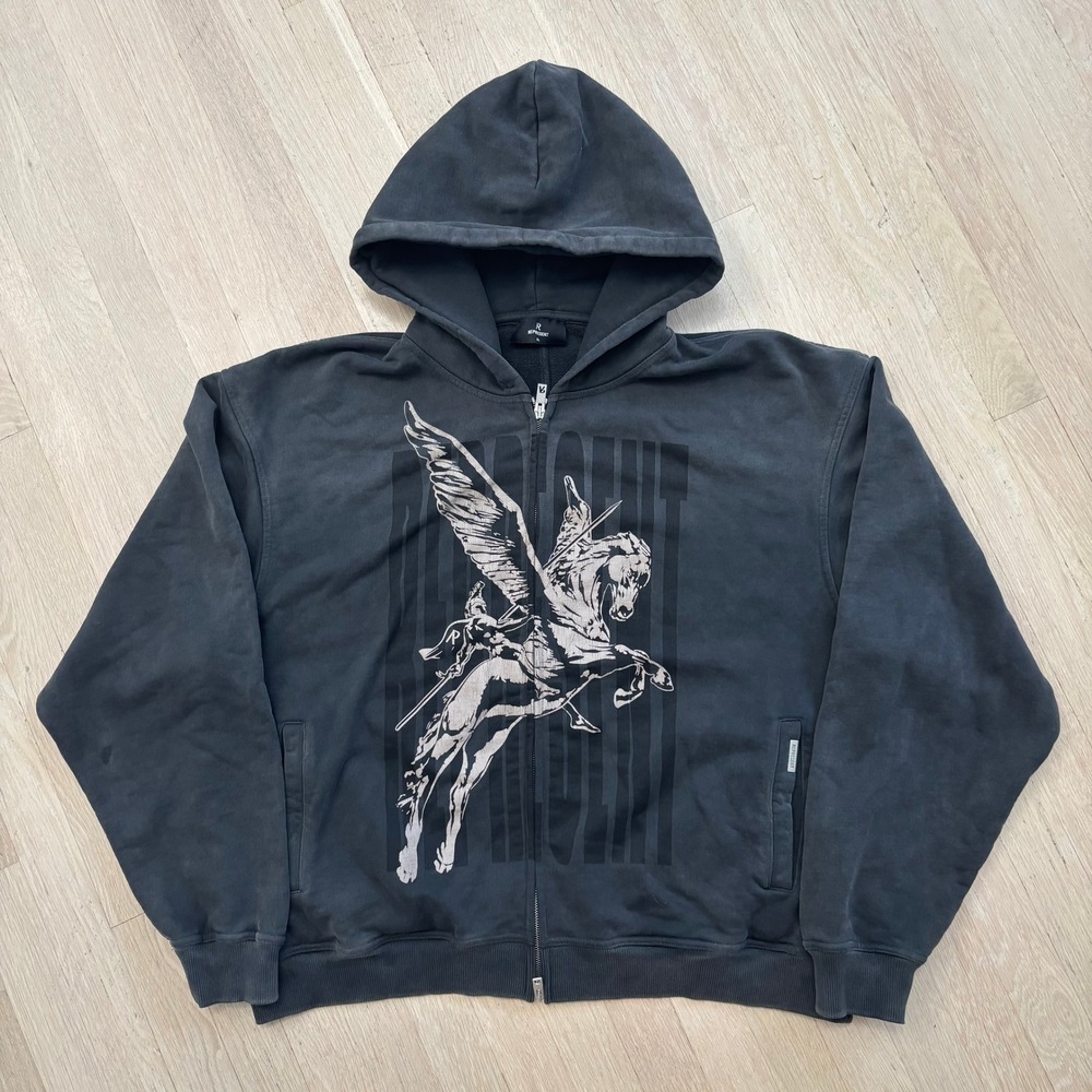 Represent Pursuit Pegasus Zip Hoodie Mens XL Black Vintage Wash Graphic Graphic